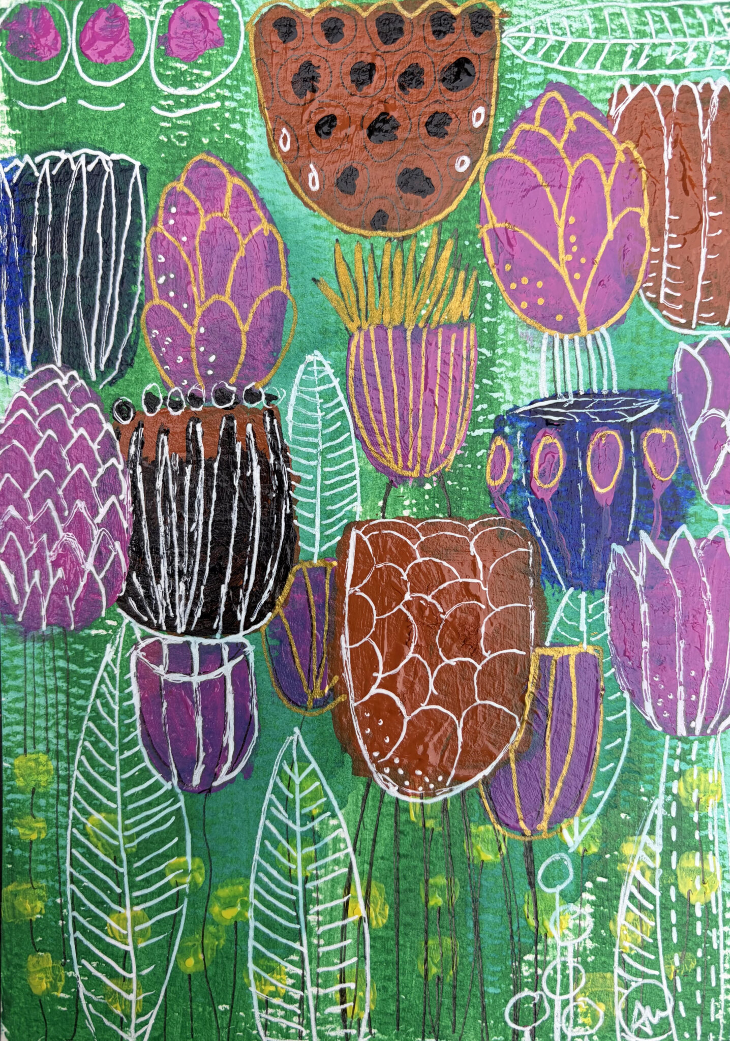 Vibrant green mixed Media painting with layered organic flower pods, tropical leaves, and detailed white line work.