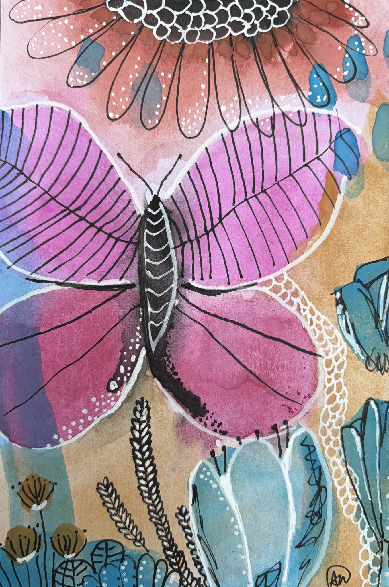 A Colorful mixed media painting of a stylized purple butterfly with detailed leaf-like vein patterns on its wings, set against a textured background of pink flowers and teal leaves