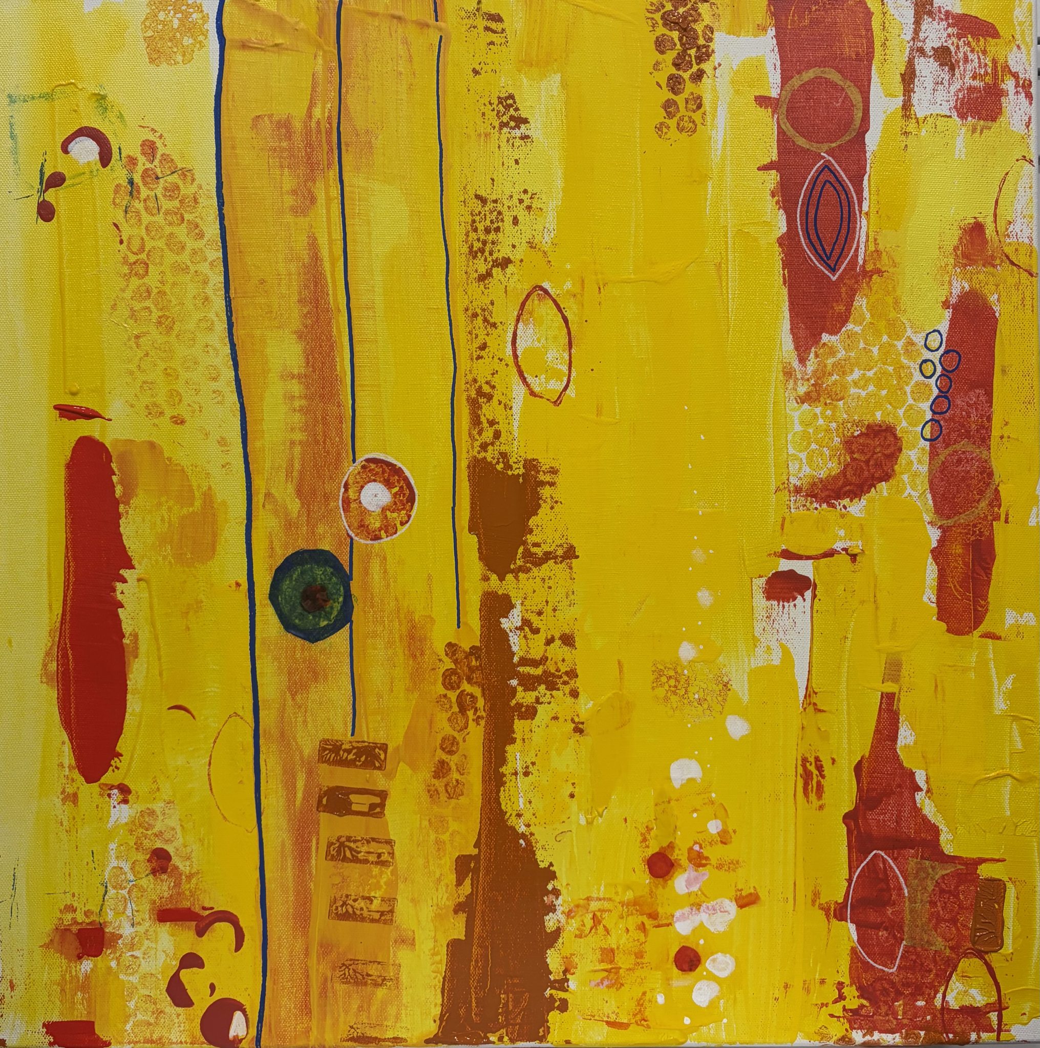Primary red, yellow, blue, acrylic, bubble wrap, palette knife, elements, lines