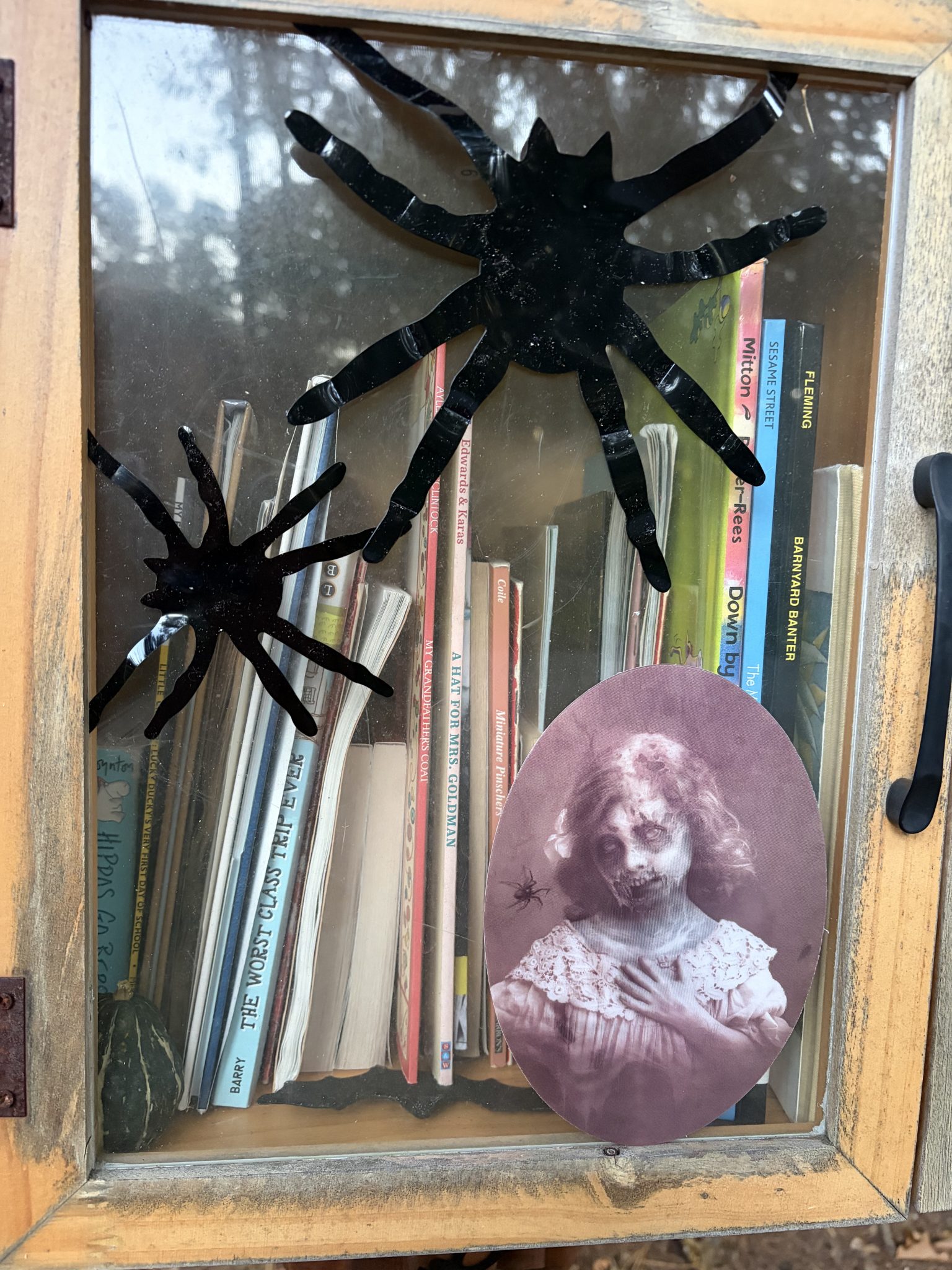 Sooky-litlte-free-library-halloween-walk A wooden little Free Library box decorated for Halloween with large black spider on the glass door and spooky girl ghost.