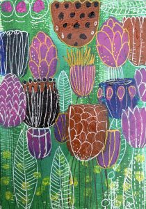 A vibrant botanical landscape created with rich acrylic paints. The stylized seed pods and layered petals are brought to life with intricate white linework and shimmering gold accents that catch the light.