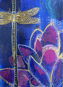 Vibrant blue and pink flower petals outlined in metallic gold lines against a dark blue background.