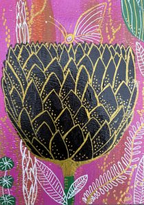 An intricate acrylic painting of a lotus blossom with golden geometric lattice lines with watercolor washes.