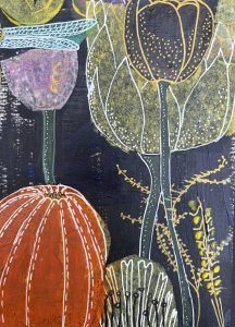 Colorful acrylic painting of textured desert cacti and flora under a moody dark sky.